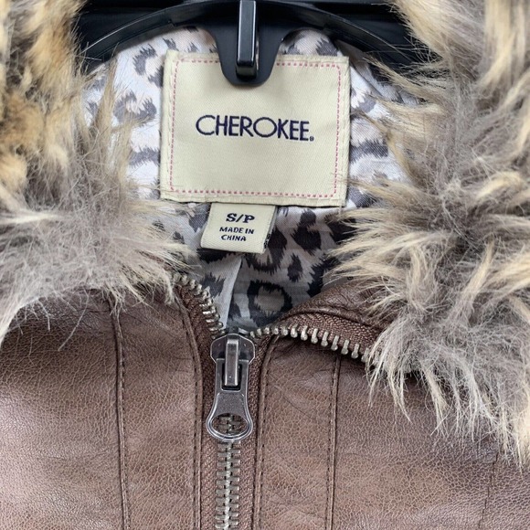 Girls Brown Cherokee Faux Leather Jacket With Faux Fur Trim Kids‎ Small - Picture 6 of 9